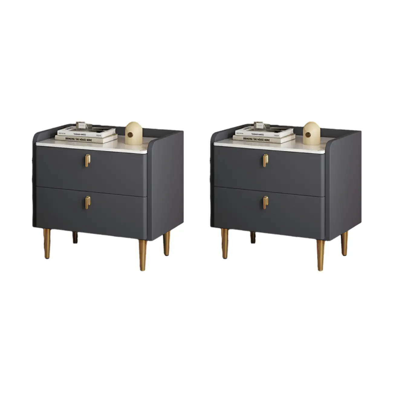 Modern Leather Stone Top Gold Accents 2-Drawer Nightstand