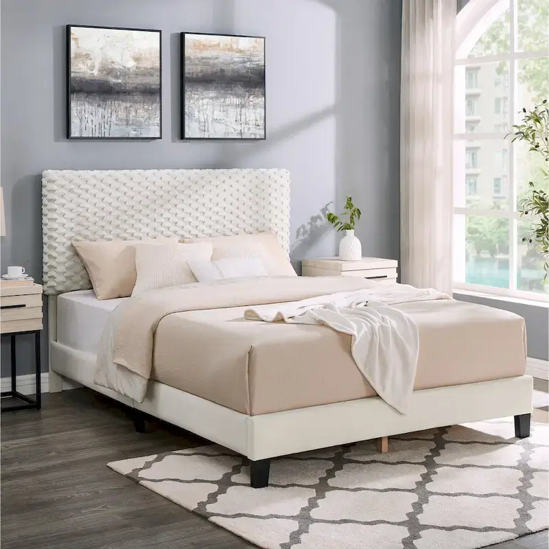 Roundhill Findlay Plush 3D Upholstered Platform Bed in White Dove