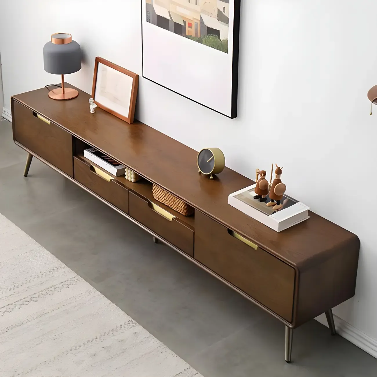 79 Nordic Brown Wood Open Storage Cabinet TV Stand with Legs