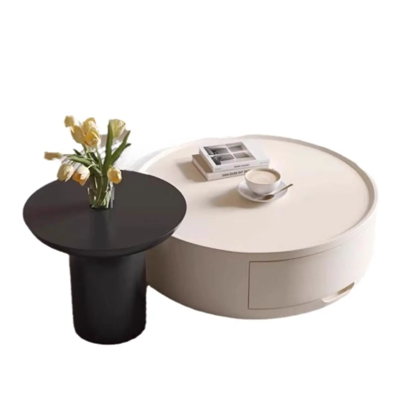 Modern Wood Black White Round Drawer Coffee Table