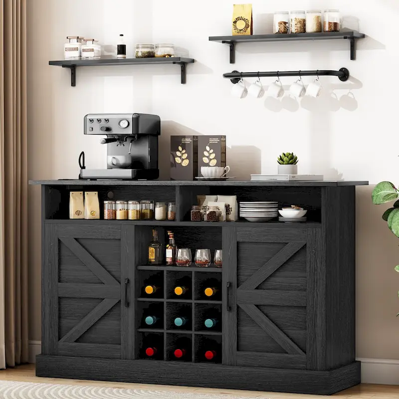 52 Farmhouse Coffee Bar Cabinet with Floating Shelf - 15.75 D x 52 W x 34 H