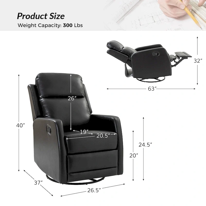 Modern Faux Leather Manual Rocking Swivel Recliner with Wingback