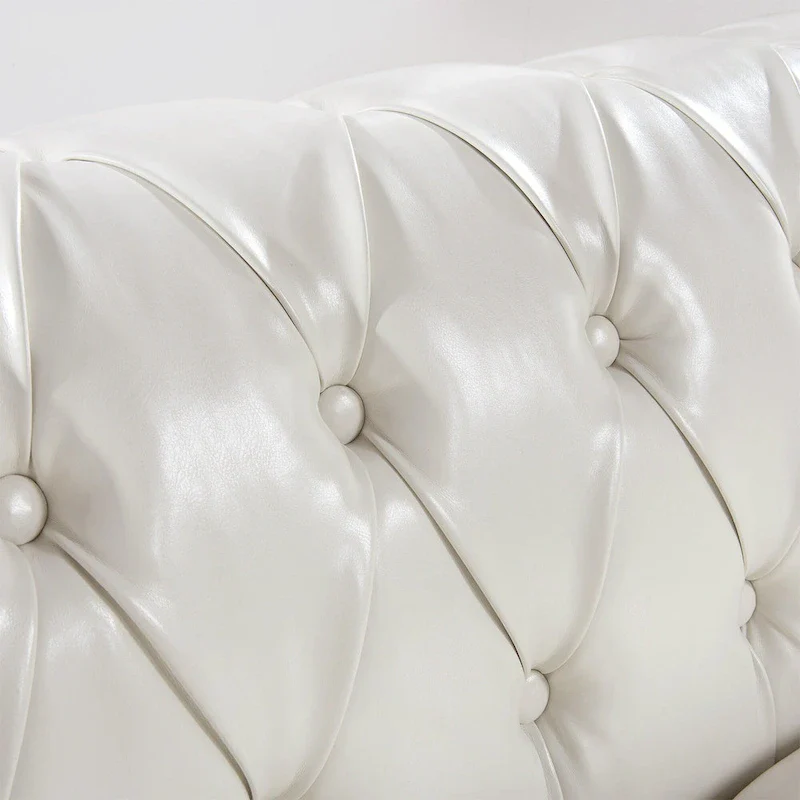 PU Leather 3-Seater Sofa with Button-Tufted Back & Rolled Arms – White, Chesterfield Style, Seats 3