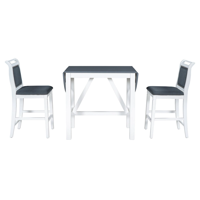 Rustic Style Wooden 3-Piece Dining Table Set with Drop Leaf and 2 Upholstered Dining Chairs