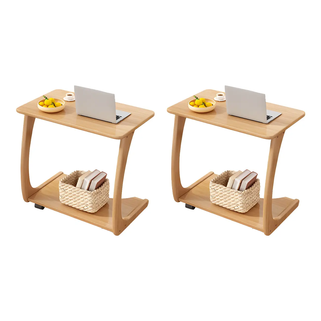 Walnut C-Shaped Side Table With Casters