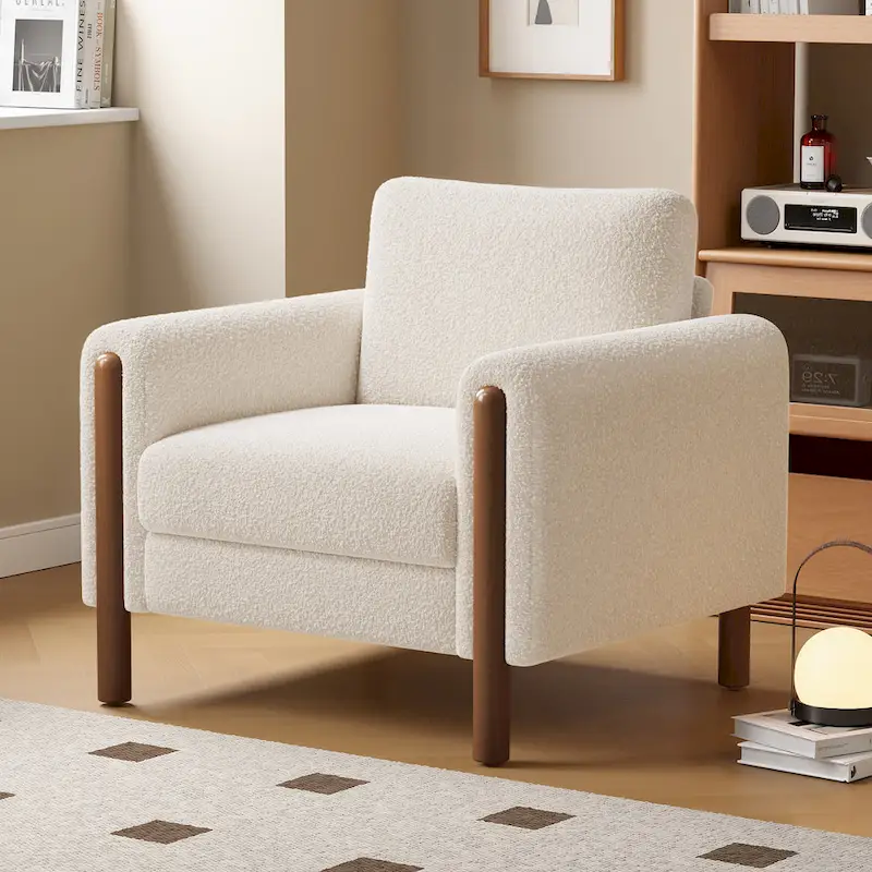 White 33.5 Upholstered Accent Chair with Walnut Legs and Curved Handrail