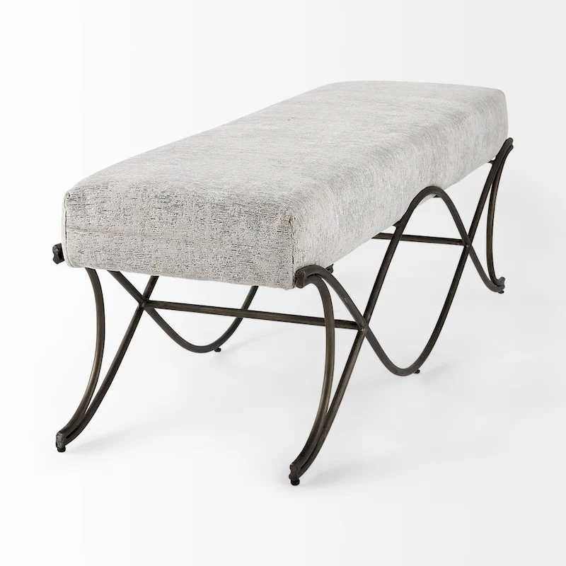 Gray Fabric Upholstered Bench with Gold Metal Legs