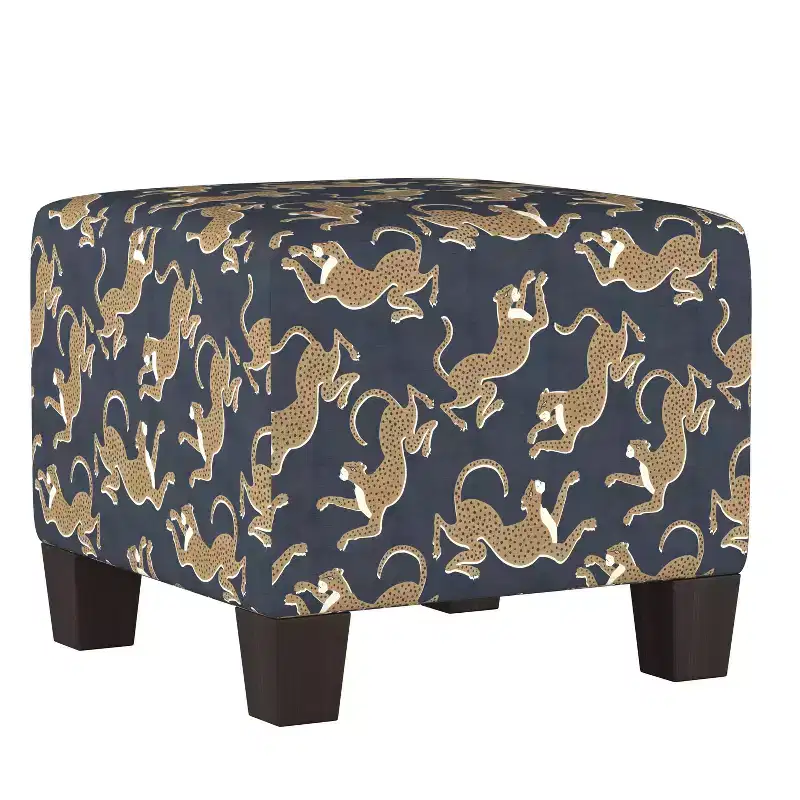Skyline Furniture Annie Square Ottoman Navy Leopard Print: Contemporary Upholstered Seat, Metal & Wood Frame, 250 lb Capacity