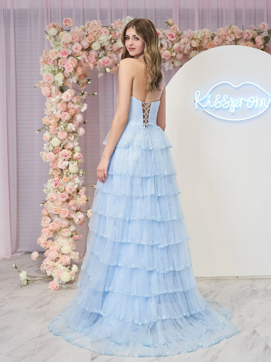 Sky Blue Strapless Layered Tulle Prom Dress with Sequins