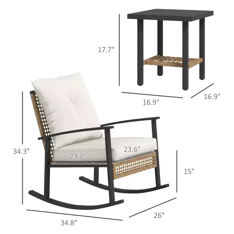 3 Pieces Bistro Set, Patio Wicker Furniture Set with Button Tufted Cushions, Rattan Rocking Chairs Table