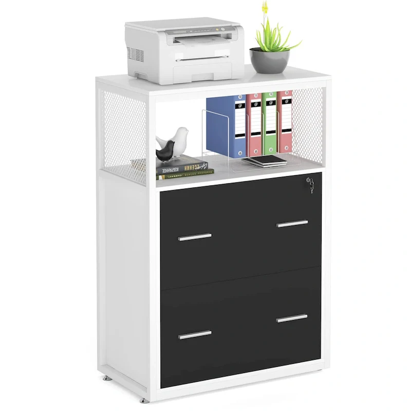 Walnut Black 2-Drawer Lateral File Cabinet with Open Shelves