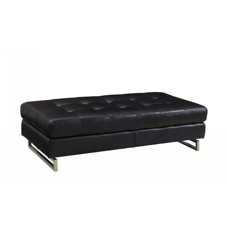 HomeRoots 63 Black Tufted Faux Leather and Silver Ottoman