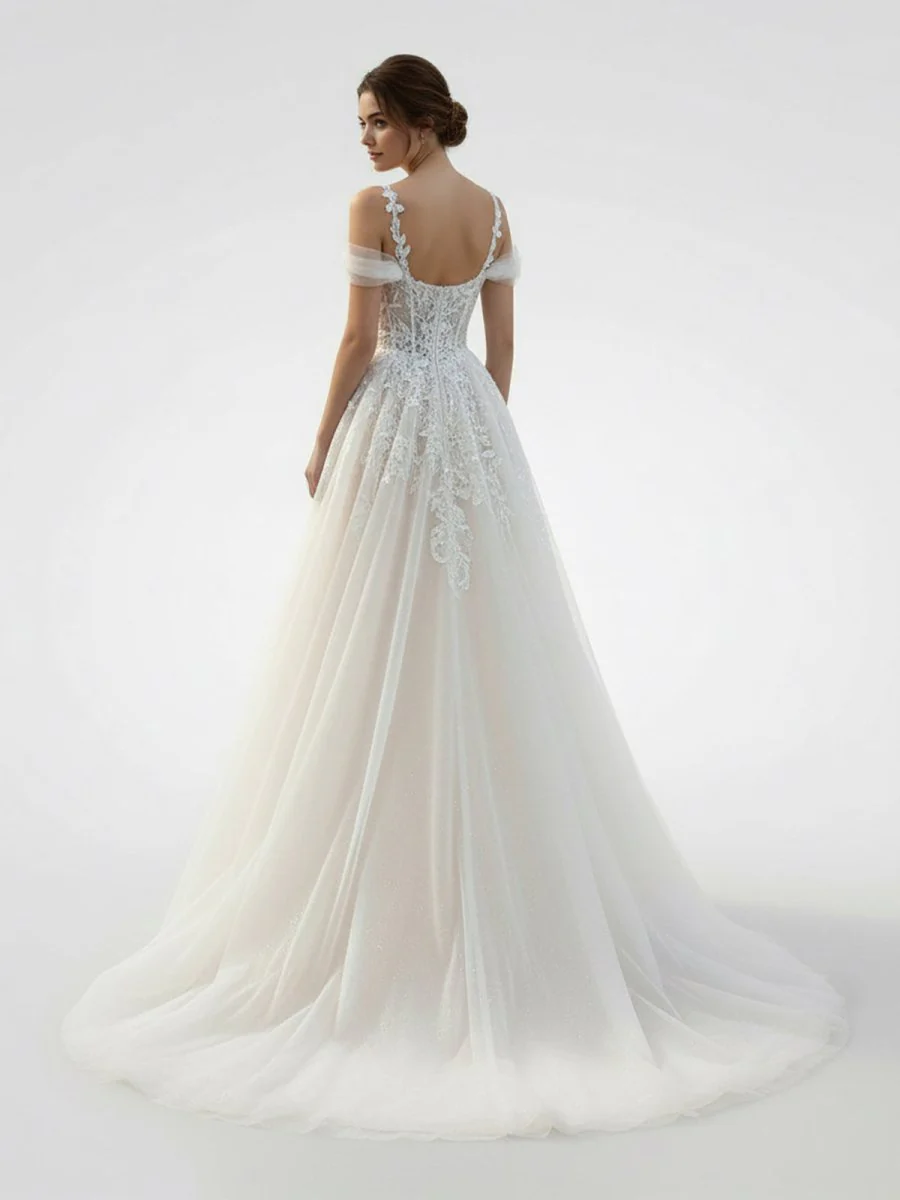 A-Line Off-The-Shoulder Tulle Wedding Dresses With Appliques Lace