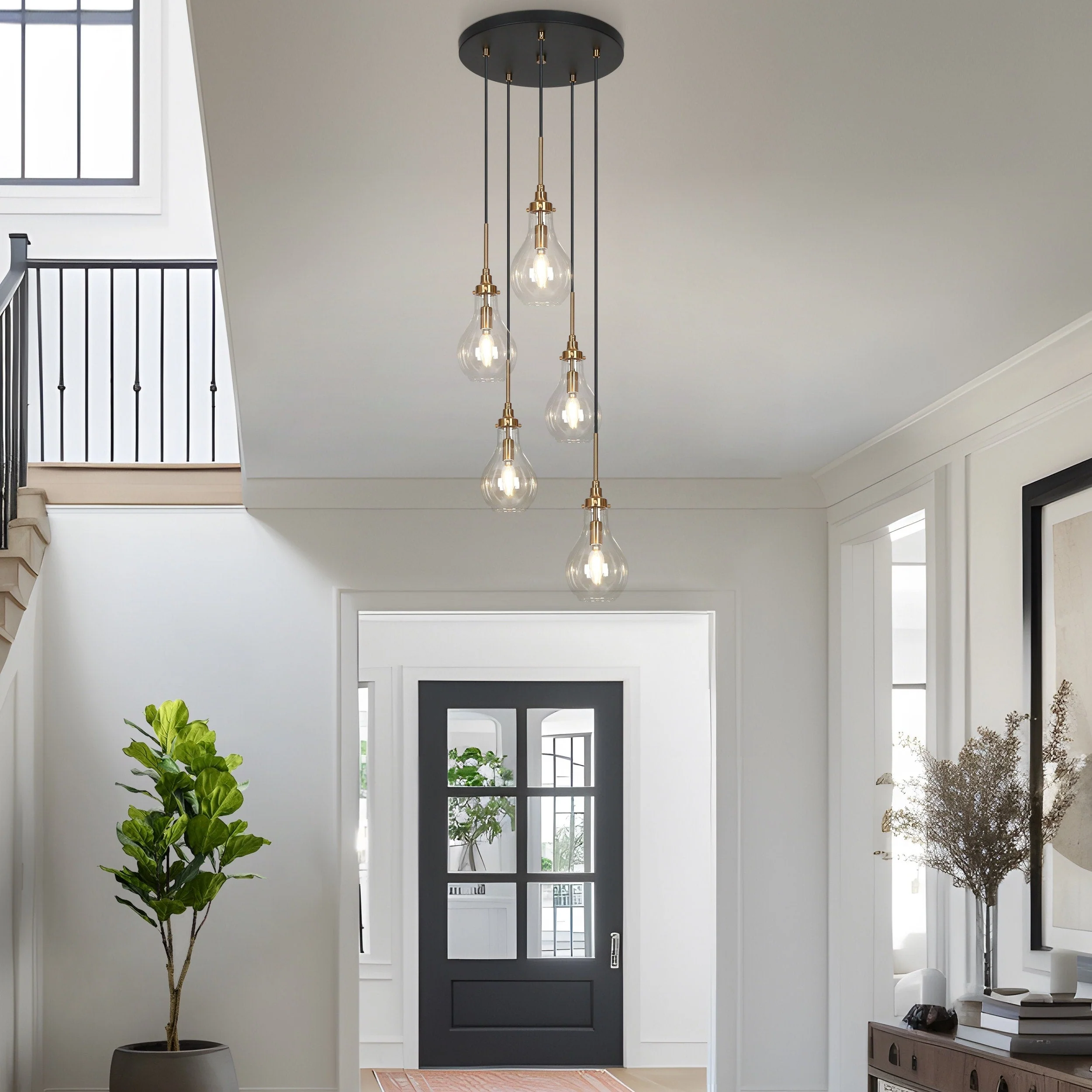 Synia Modern 5-Light Cluster Teardrop Glass Chandelier Stair Entryway Pendant Light for High Ceiling - D15