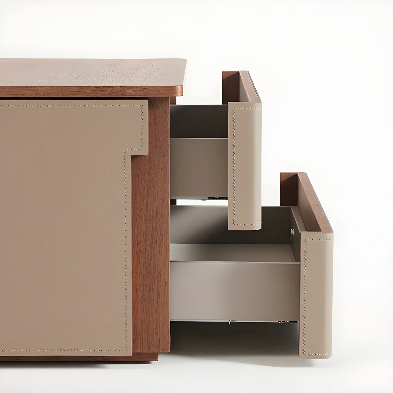 Modern Wood Top Leather Dual-Tone 2 Drawers Nightstand