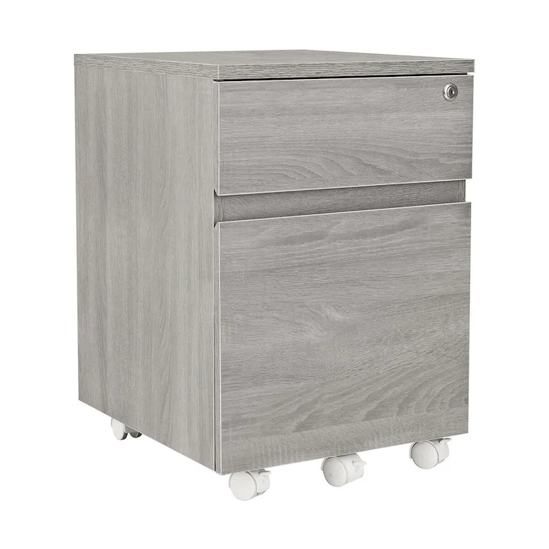 Rolling 2-Drawer File Cabinet with Lock – Gray Woodgrain MDF, 22.75H x 15.75W, Office Storage