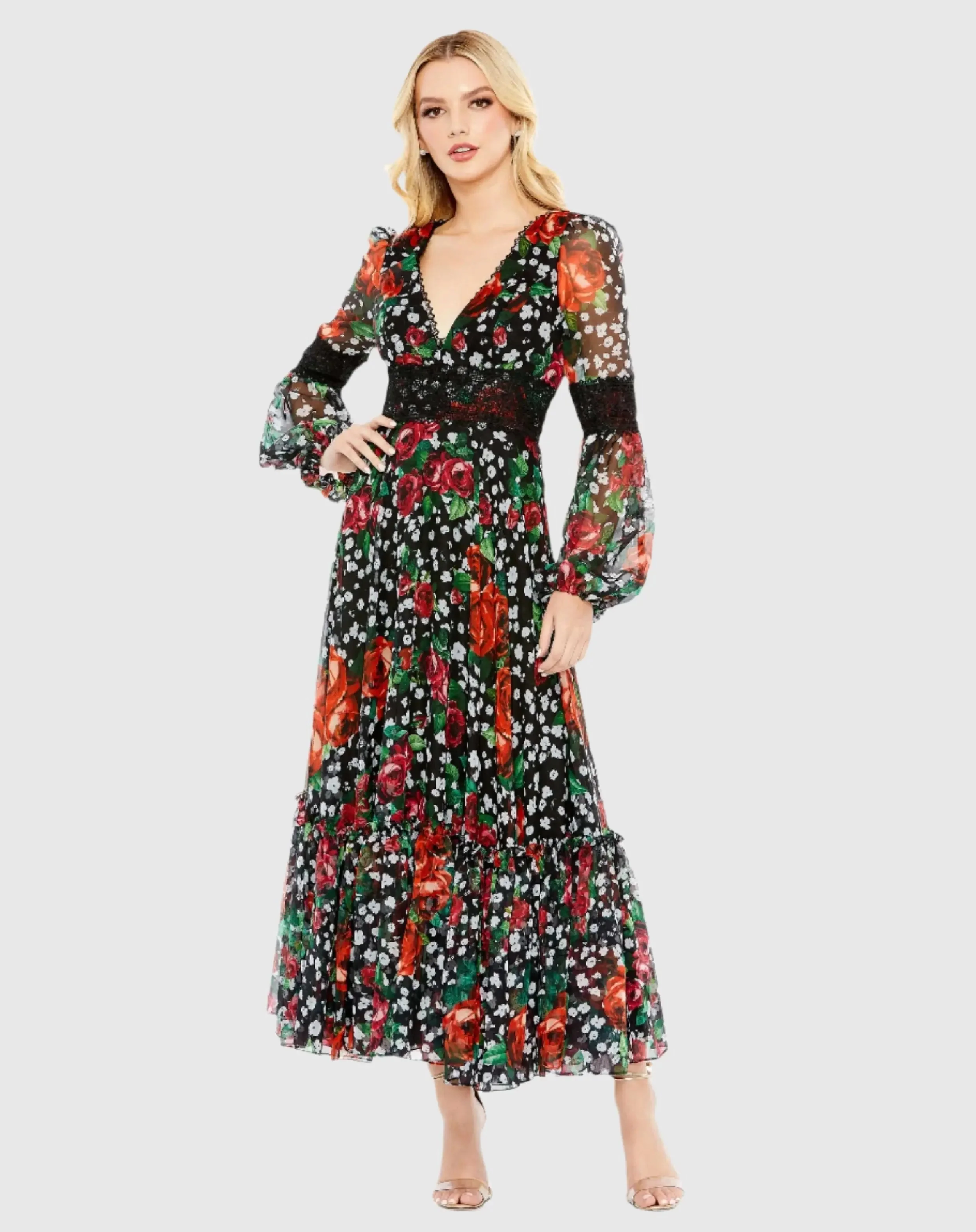 Black V Neck Floral Long Puff Sleeve Ruffle Dress - FINAL SALE