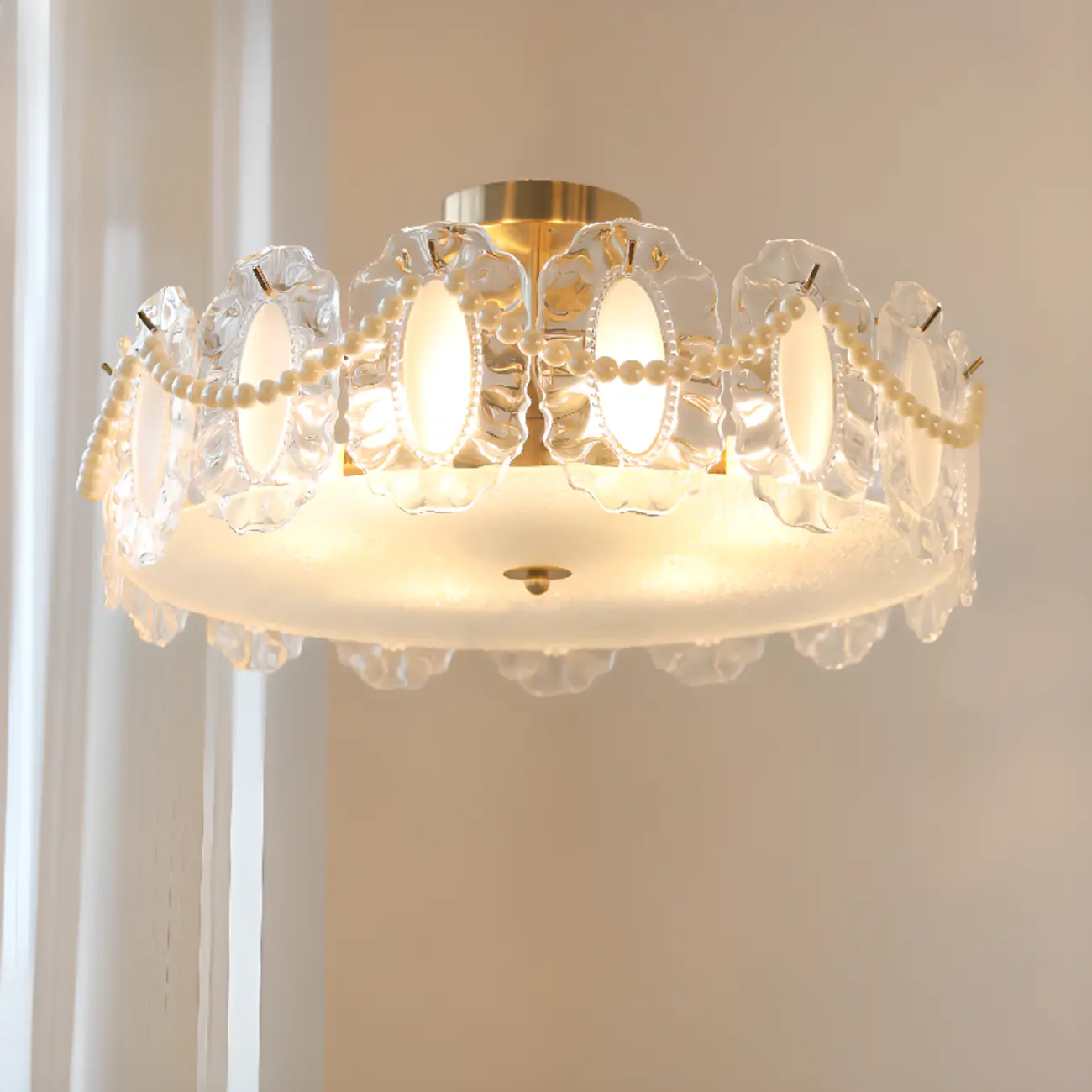 Elegant Glass Drum Shape Golden Semi Flush Light