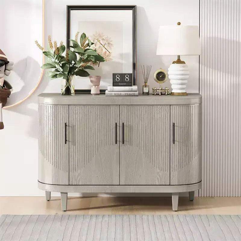 Modern Accent Storage Cabinet, Curved Sideboard Buffet Cabinet with 4 Doors, Adjustable Shelves, Coffee Bar Cabinet for Living Room, Hallway