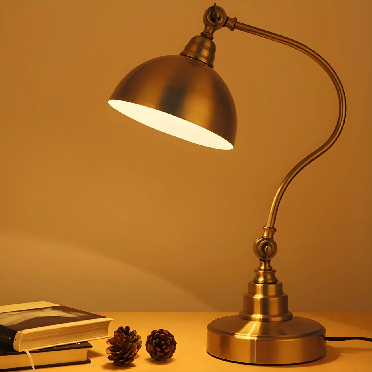 Antique Brass Arc Bowl Shade Table Lamp for Bedroom