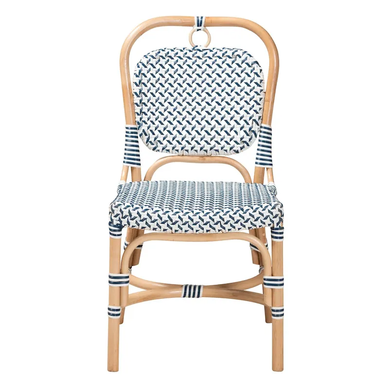 Luciana Modern French Blue and White Weaving Natural Rattan Bistro Chair