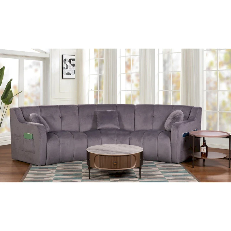 Cream / Blue / Grey Velvet Curved Sofa, Modular Legless Style, 3-Seater