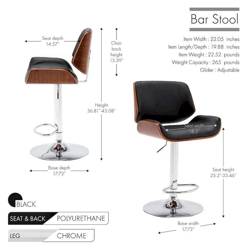 Adjustable Bar Stool, PU Leather, Chrome Base – Black/White/Red/Brown, Single