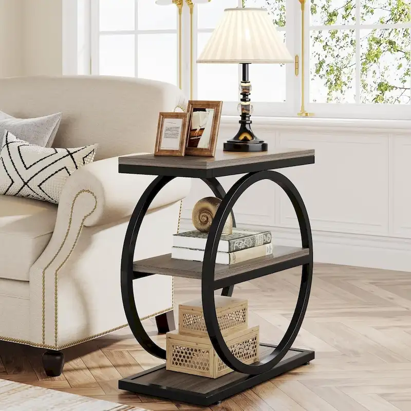 Industrial 3-Shelf Narrow End Table – Brown / Grey / Oak / Yellow