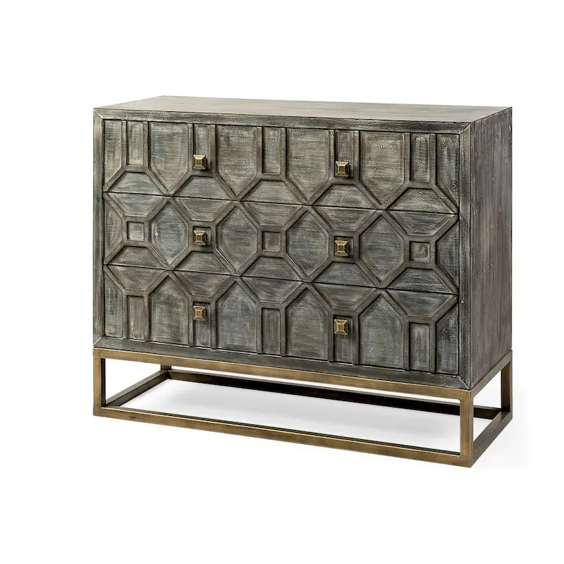 3-Drawer Accent Cabinet with Metal Frame - Geometric Pattern Design (Gray/Light Brown)