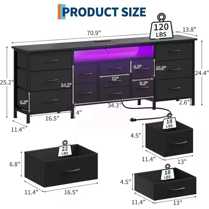 70 Inch 13-Drawer Dresser and TV Stand, Multi-Functional Storage Organizer for 65-80 Inch TVs, Fabric Cabinet for Bedroom and Living Room