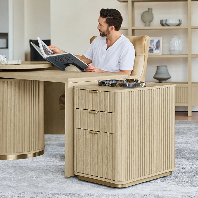 Fluted 3-Drawer Cabinet with Rounded Edges, Metal Handles, Slim Metal Base & Casters | Natural | Single