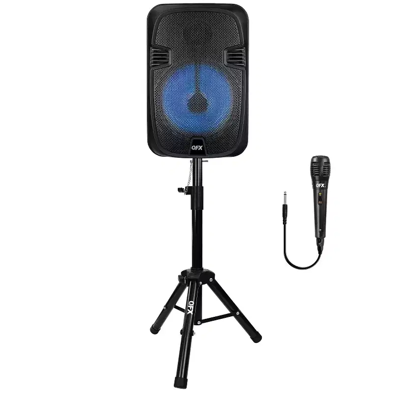 QFX PBX-1206SM 12-In. 21-Watt True Wireless Stereo Bluetooth Rechargeable Speaker with Wired Microphone, Stand, and Remote