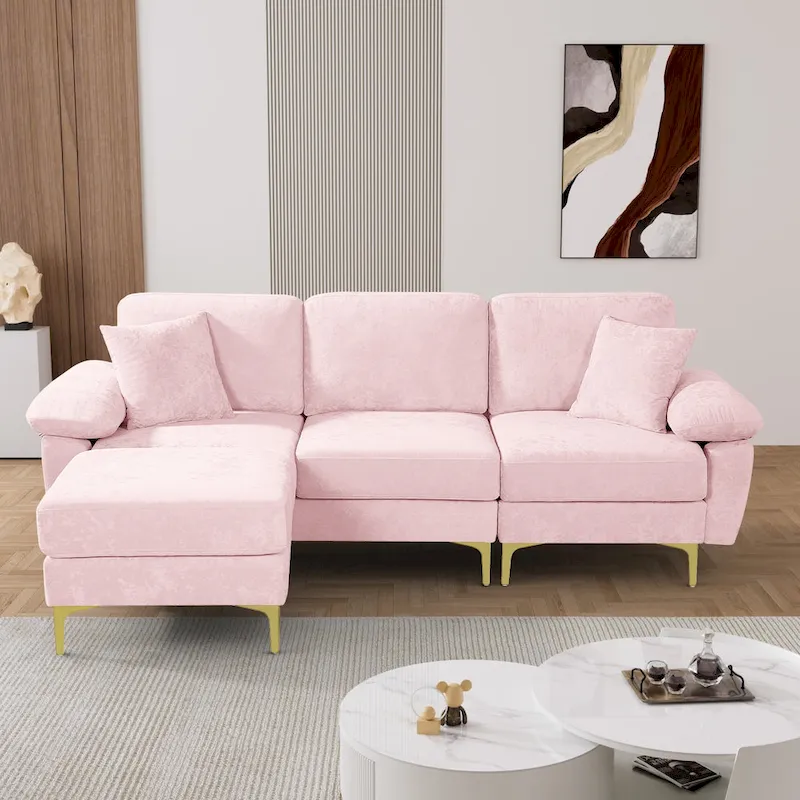 Upholstered Velvet Sectional Sofa with Pillows & Ottoman