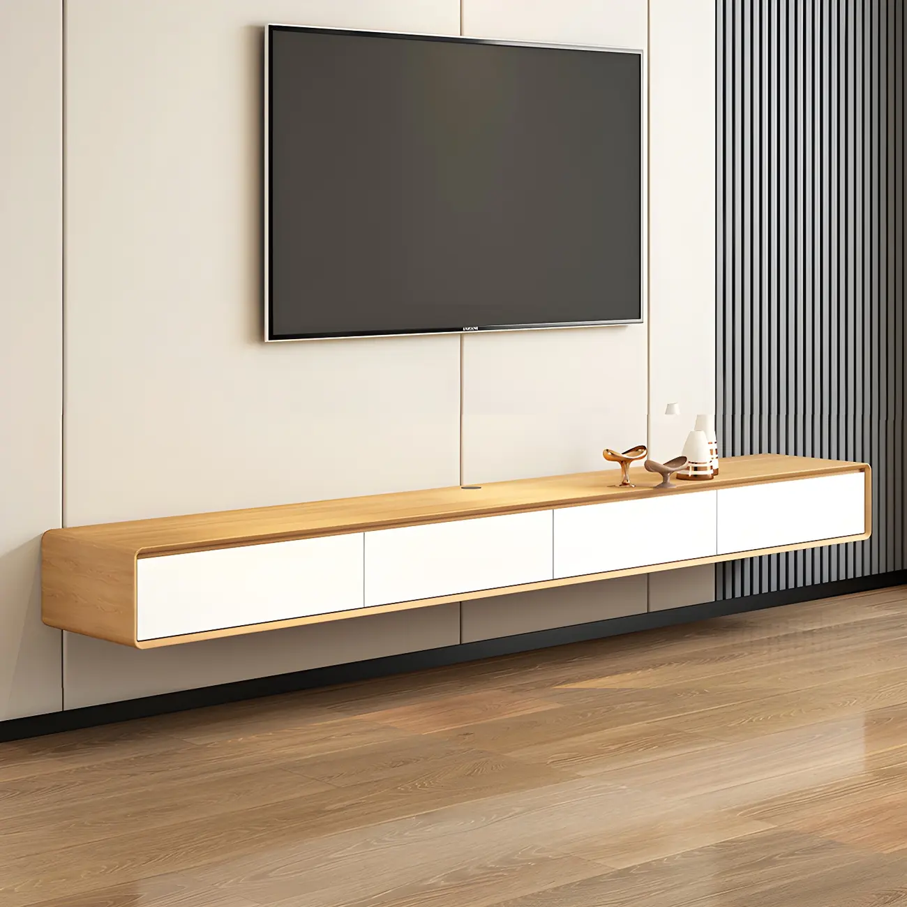 Natural Long Wood Floating TV Stand Media Consoles