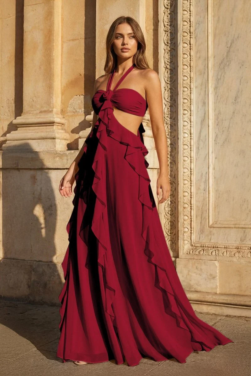 Pink A-Line Halter Chiffon Ruffled Long Prom Dresses With Cut Out