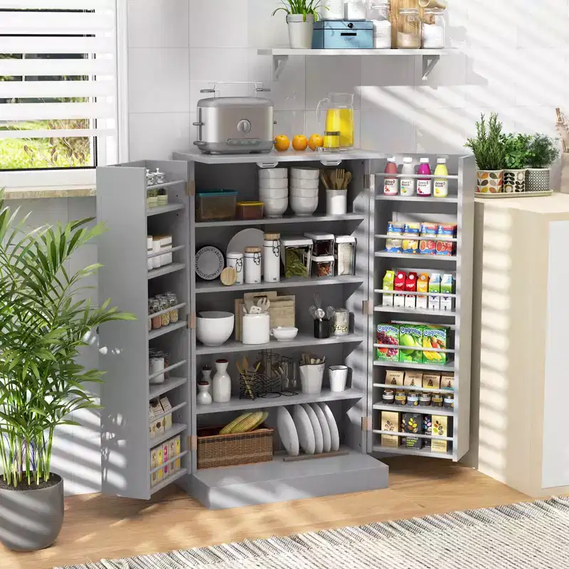 Costway 41 Farmhouse Kitchen Pantry Storage Cabinet withDoors Adjustable Shelves Gray/White