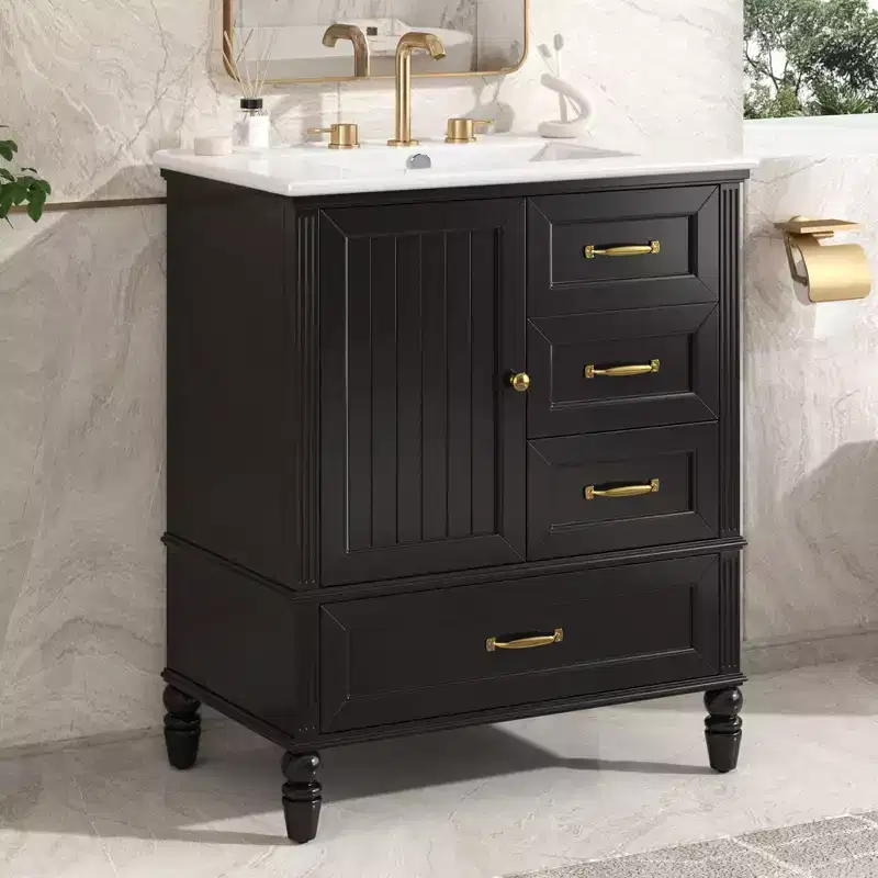 30 Small Bathroom Vanity Sink Combo with Storage , Wood Bathroom Floor Cabinet with Drawers and Door