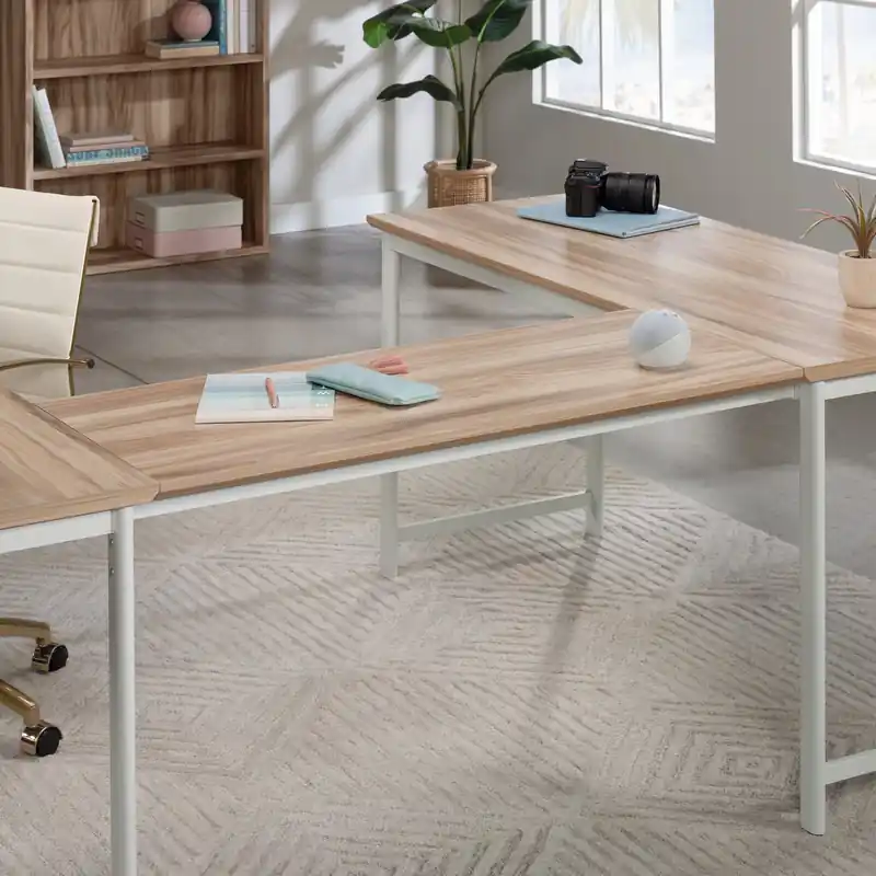 Commercial Grade Office Desk Bridge, L-Shape Connector, Natural Wood Finish