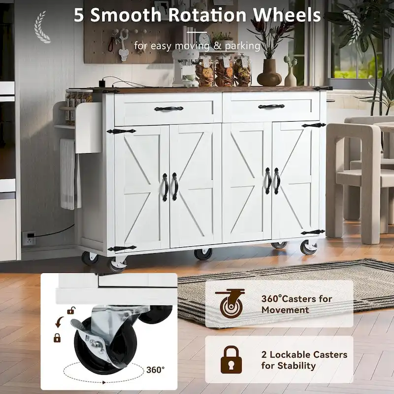 53.5 Farmhouse Kitchen Trolley with Power Outlet, Drop Leaf, Spice Rack, and Drawers, Mobile Cart on Wheels