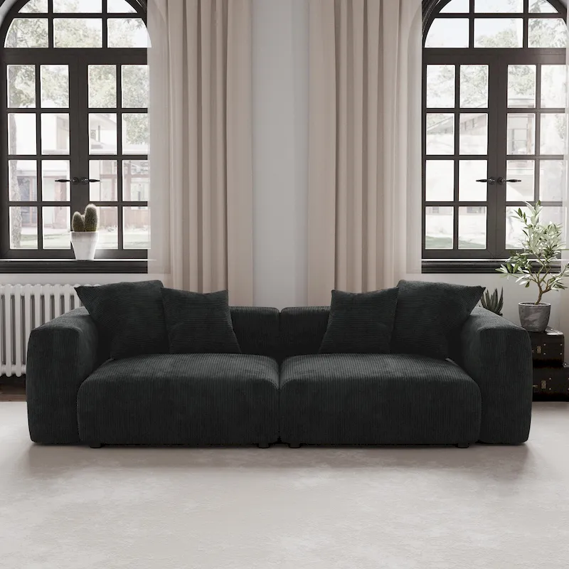 Corduroy 2-Seat Sectional Sofa – Black / Light Brown / Beige