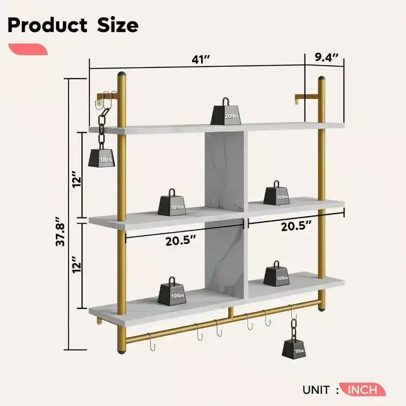 Wall Mounted Floating Pipe Shelving 3 Tier Coffee Bar Shelf White Faux Marble Kitchen Organization Storage Rack Home Decor