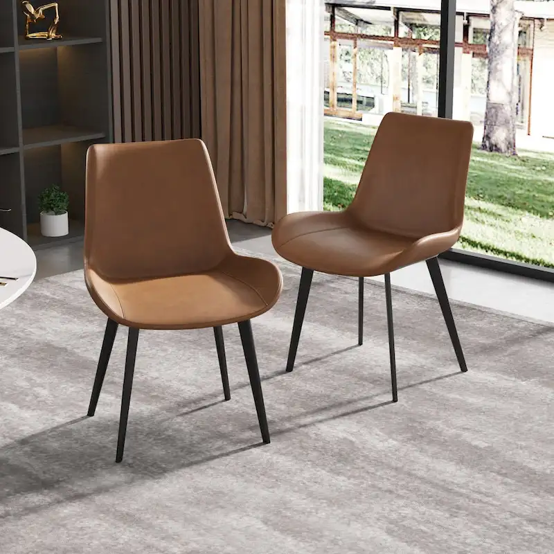 Grey / Brown Mid-Century Dining Chair, PU Leather, Set of 2