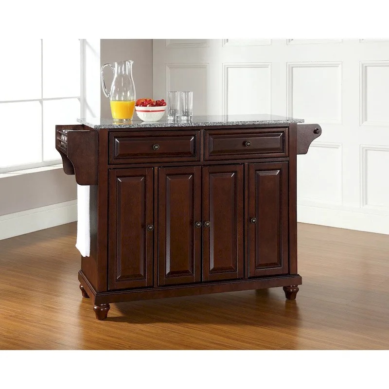 Solid Granite Top Kitchen Island Hardwood Mahogany Finish 4 Doors 2 Drawers Storage