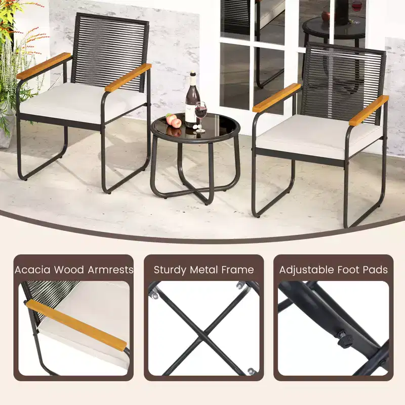 Costway 3 PCS Patio Furniture Set with Round Tempered Glass Top Table Armrests & Cushions