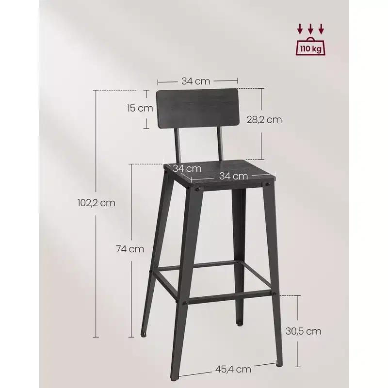 VASAGLE Set of 2 Bar Stools, Bar Height Stools, Tall Bar Stools with Back, Bar Chairs, Steel Frame, Industrial Style
