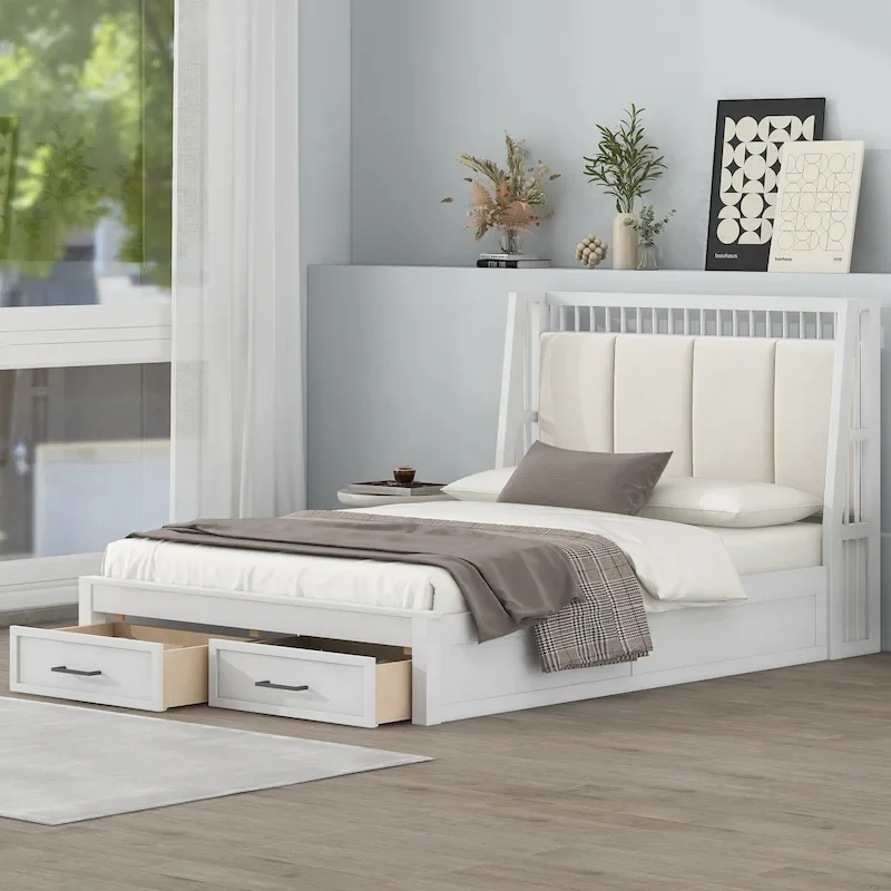 Full Size Wooden Platform Bed with Upholstered Headboard and 2 Drawers