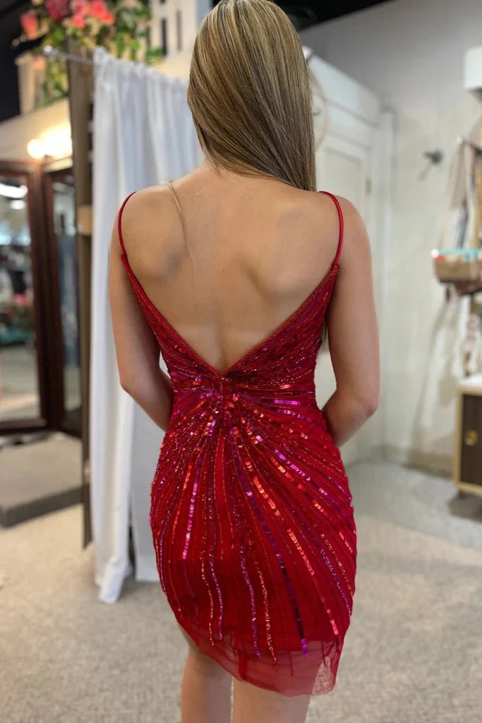 Sparkly Red Sequined V-Neck Tight Mini Party Dresses