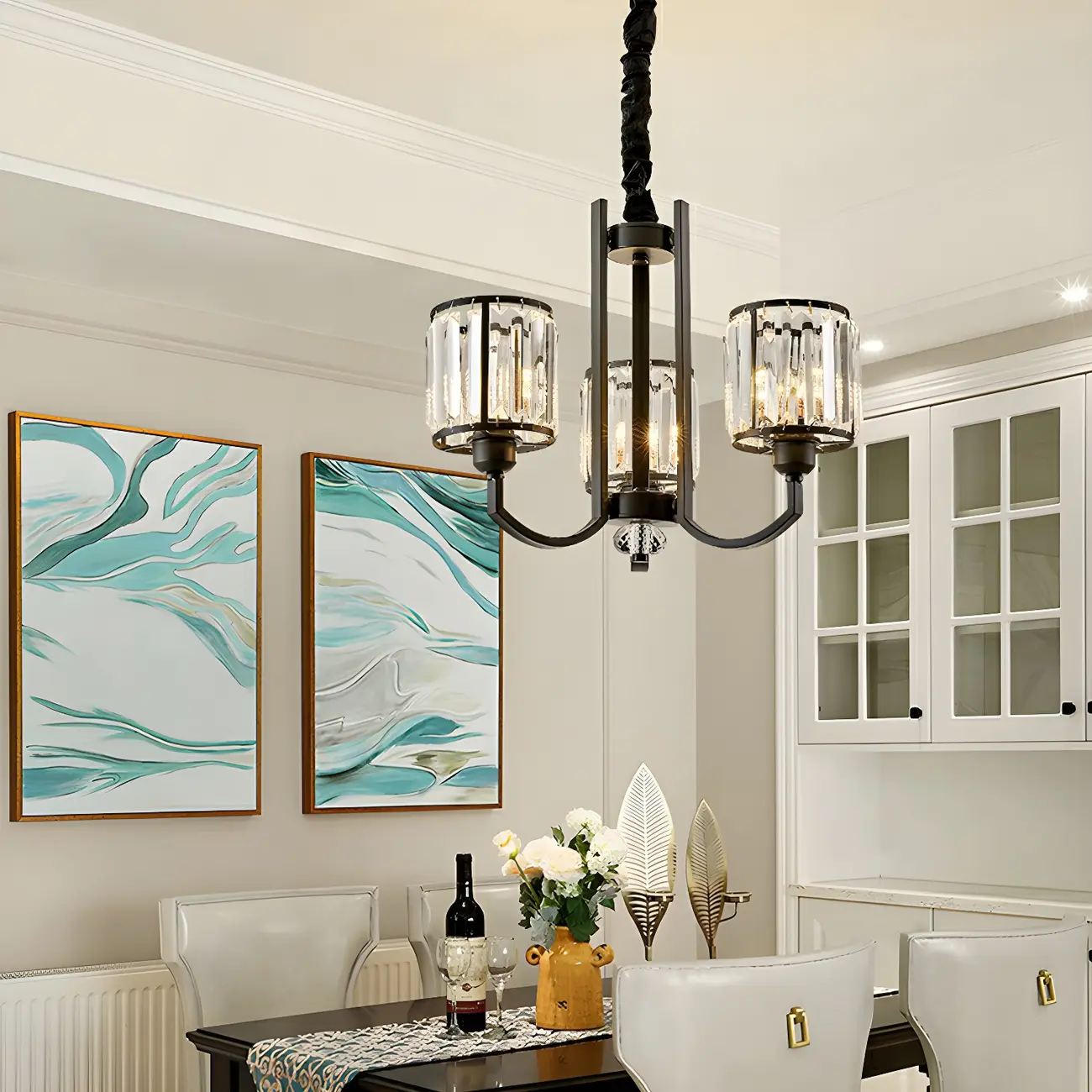 Modern Black Metal Wheel Cylinder Shape Crystal Chandelier for Living Room Hall