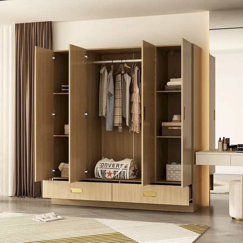 Wardrobe Closet Cabinet with Gold Handles and Optional Top Cabinet