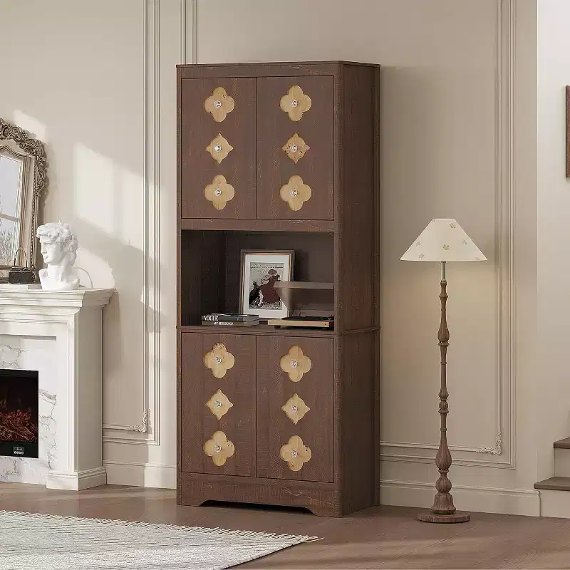 72 Tall Wooden Pantry Cabinet with Carved Door & Crystal Handle, Kitchen Hutch Storage Cabinet with Countertop for Microwave, for Home